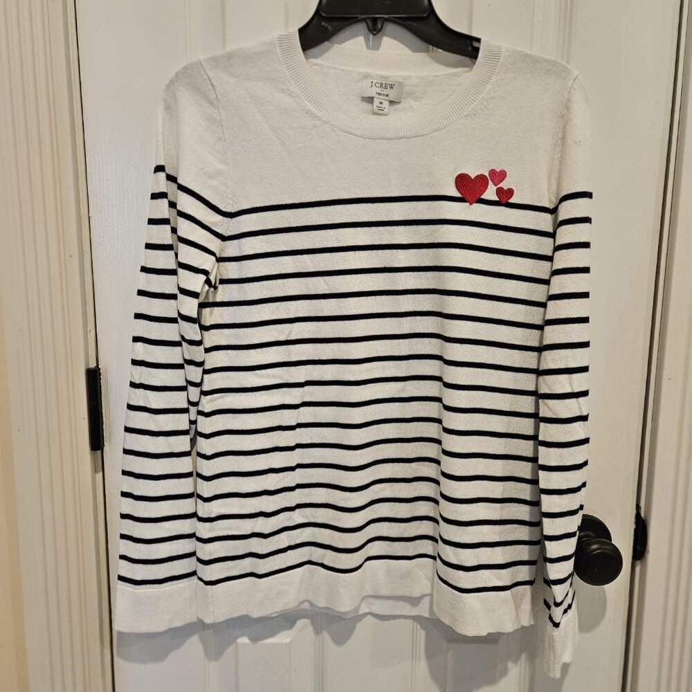 J. Crew Teddie Sweater Navy/White Striped w/ Hearts Size M Pull Over Valentines